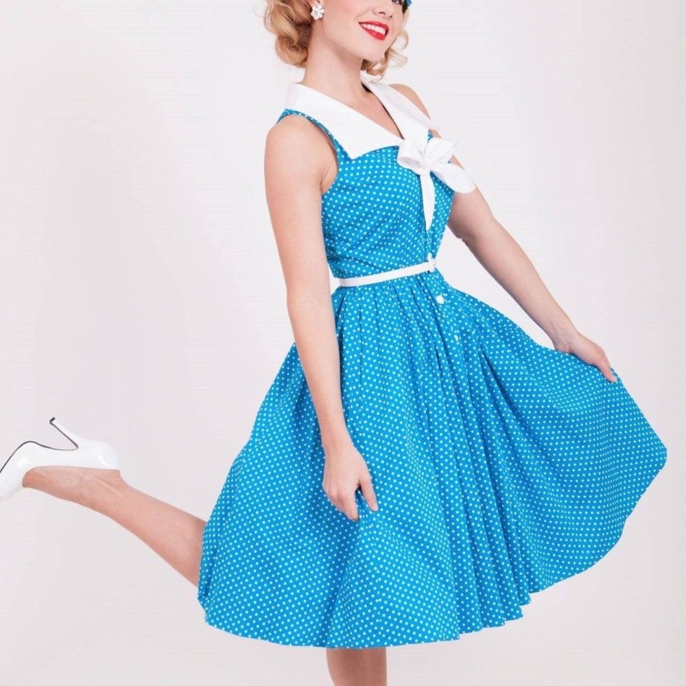 Blue and White Polka Dot Swing pinup Dress.